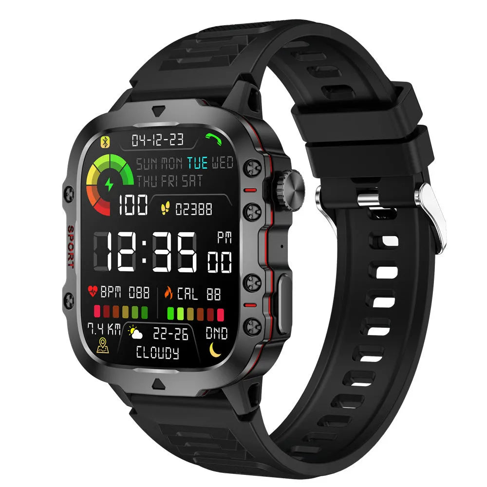QX11 Smart Watch in black with zinc alloy case and touch screen displaying heart rate and step count.