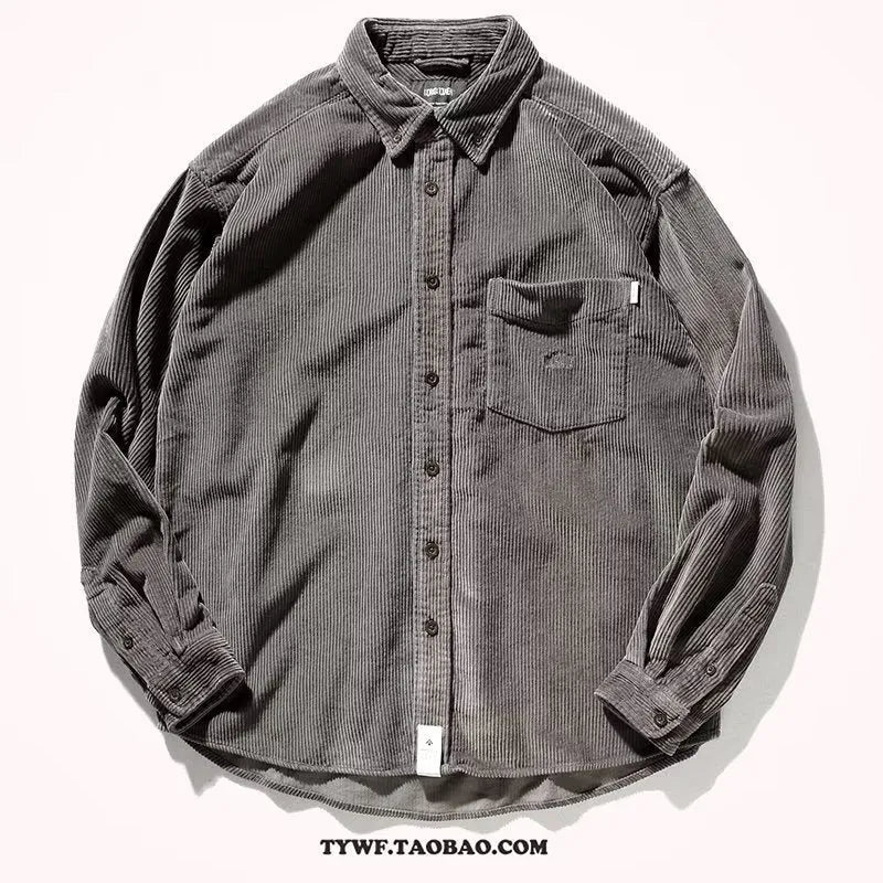 Loose fit Hong Kong style corduroy shirt in caramel colour with long sleeves and cardigan front