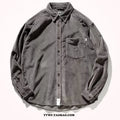 Loose fit Hong Kong style corduroy shirt in caramel colour with long sleeves and cardigan front
