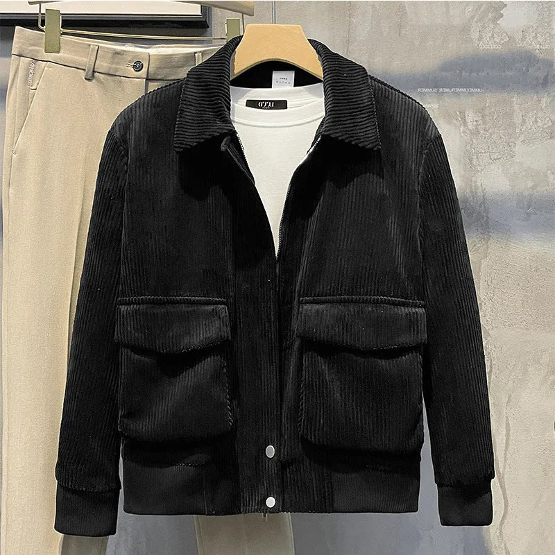 Corduroy coat for men, loose fit, drawstring sleeves, green colour, front view with relaxed silhouette