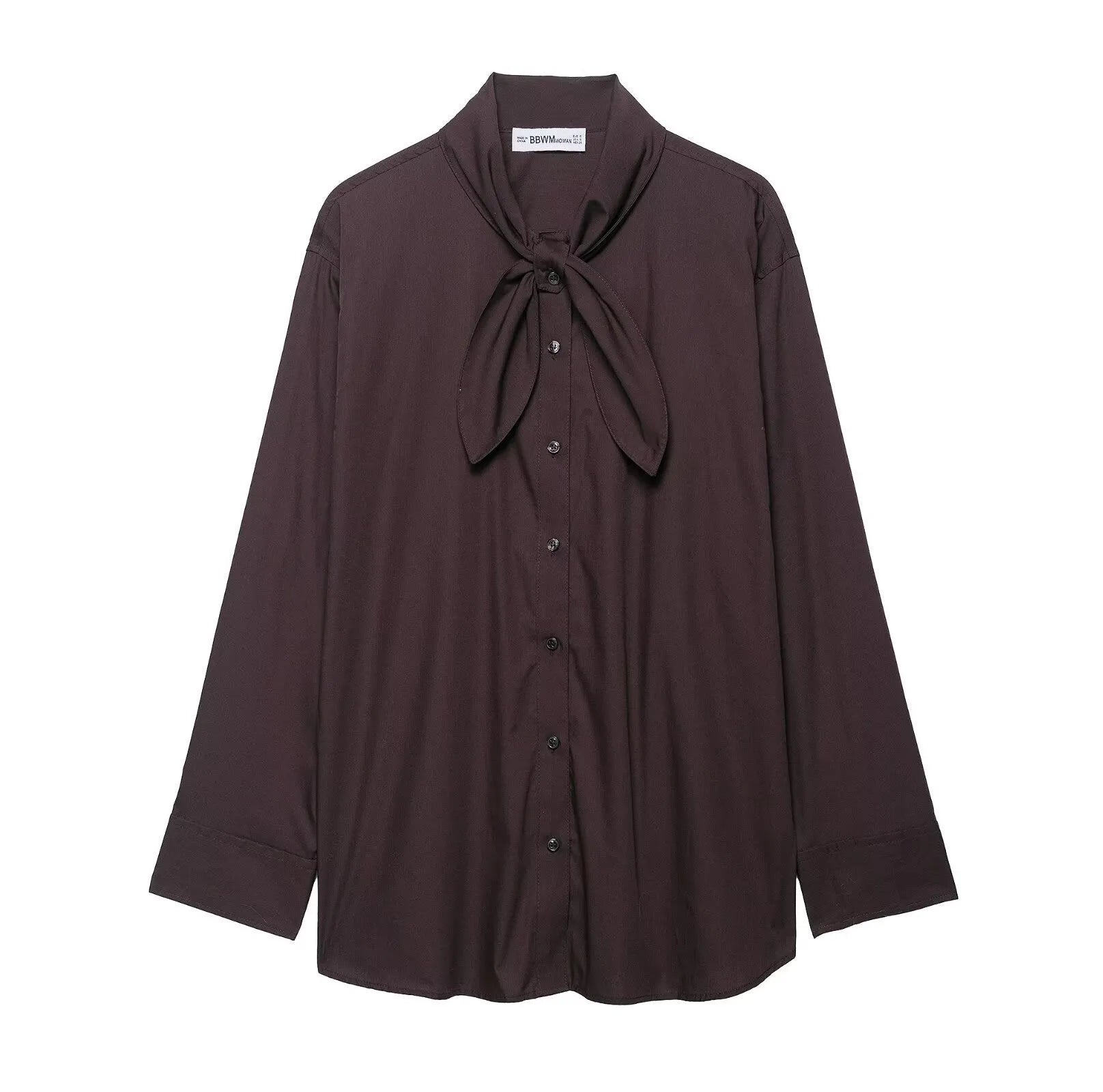 Brown women's poplin shirt with scarf bow tie detail and loose cardigan style
