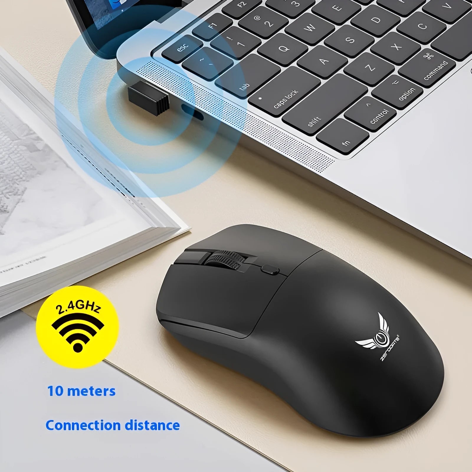 Black wireless computer mouse with three audio control buttons beside scroll wheel