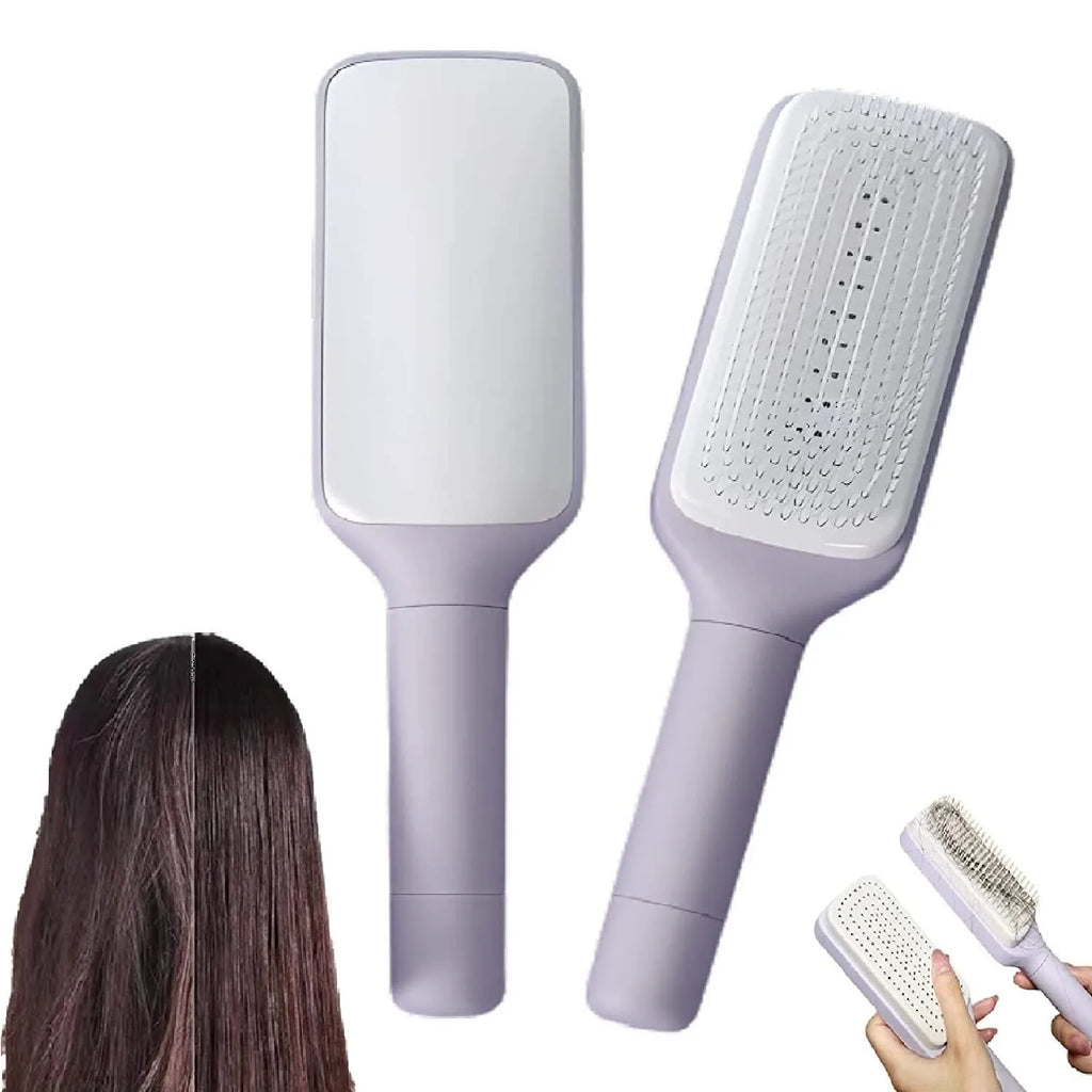 Purple self-cleaning hair brush with rotating handle and massage comb bristles