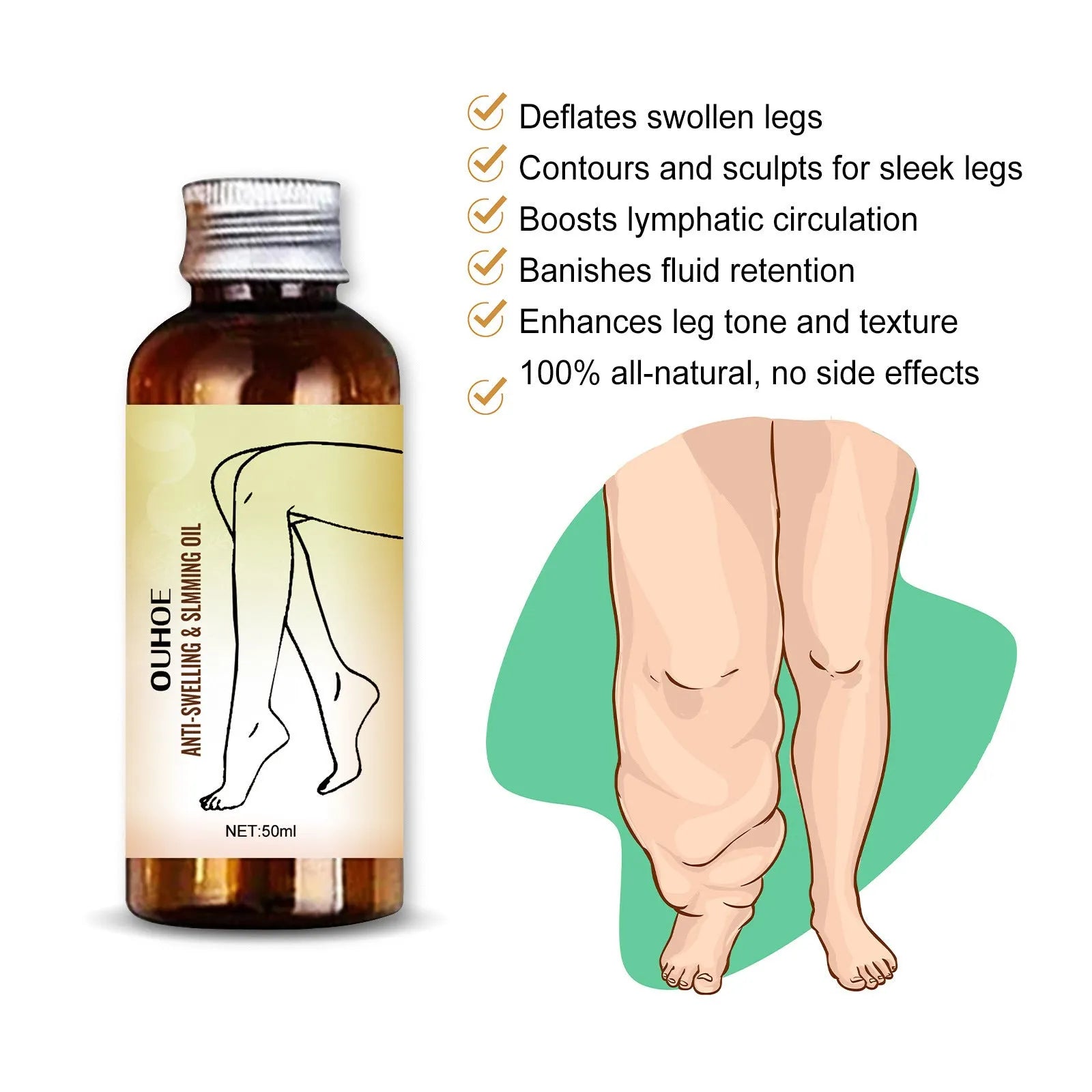 50ml bottle of moisturising leg massage essential oil with natural botanical extracts