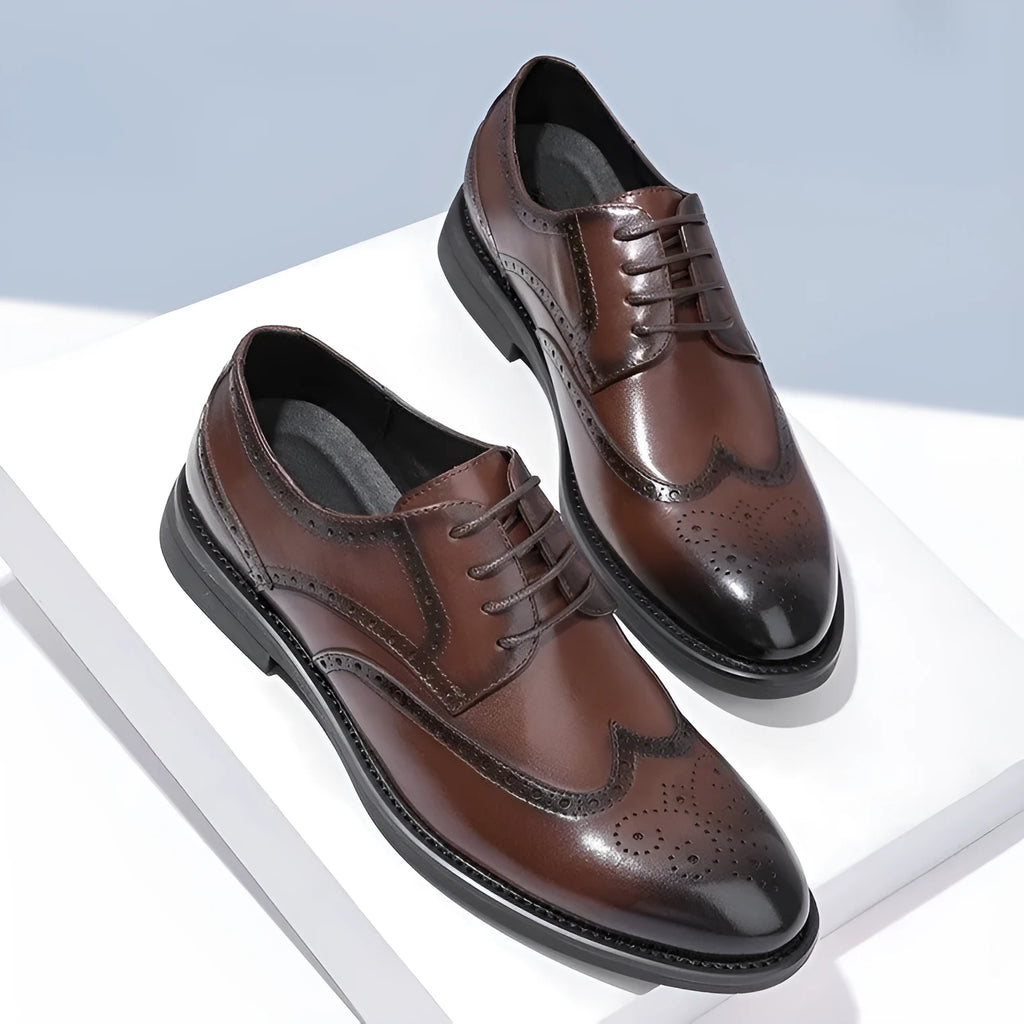 Men's black and brown brogue leather shoes for business with a PU leather upper.