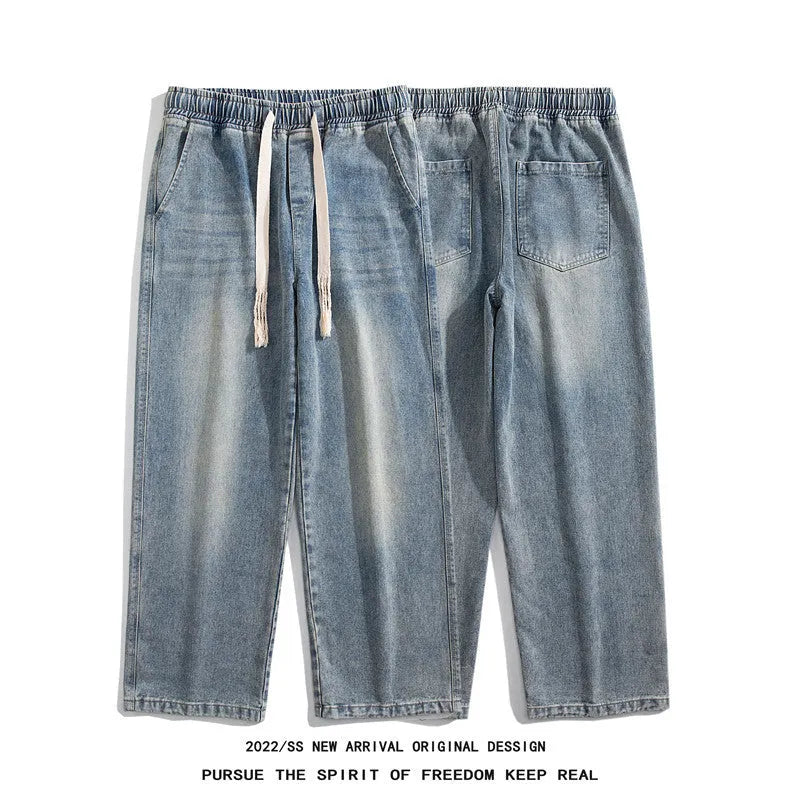 Blue Hong Kong style retro heavy wash distressed loose jeans with fleece lining and ankle banded cuffs