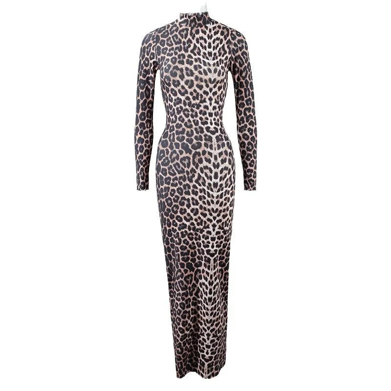 Leopard print long sleeve dress with stand collar and high waist hip skirt style in milk silk fabric