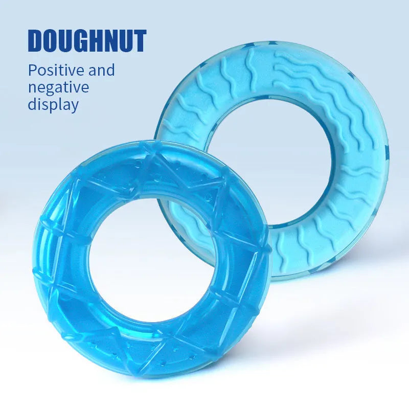 Set of three dog cooling toys: pacifier, popsicle, and ring, designed to be filled with water and frozen.