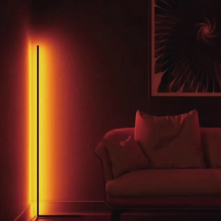 Black smart RGB floor lamp with aluminium body and silicone shade showing colour changing modes