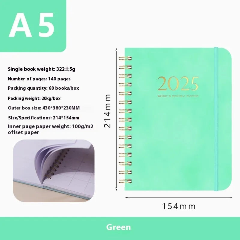 A5 leather notebook with metal coil binding in various colours including black, blue, and green.