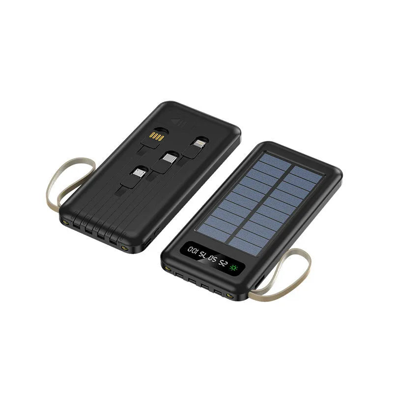 Solar power bank in black or white with solar panel, showing compact size of 144x68x16mm