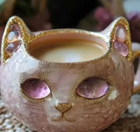 Purple geode texture resin mug with cat-shaped cup on wooden table.