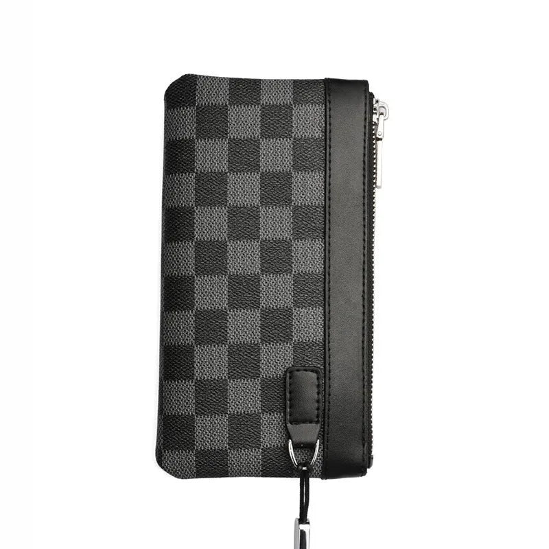 Men's black genuine cowhide leather clutch wallet showing front view with dimensions.