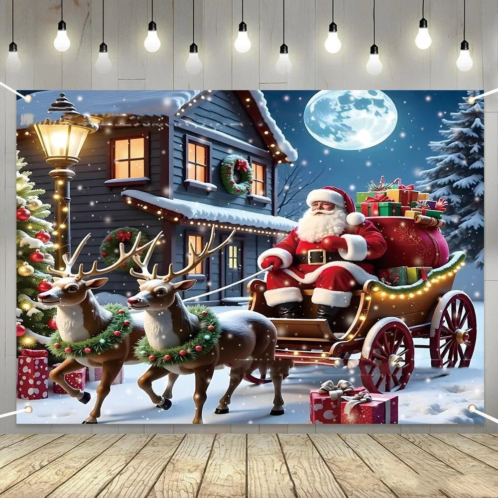 Christmas banner with Santa Claus and gifts design on polyester fabric measuring 210x150cm