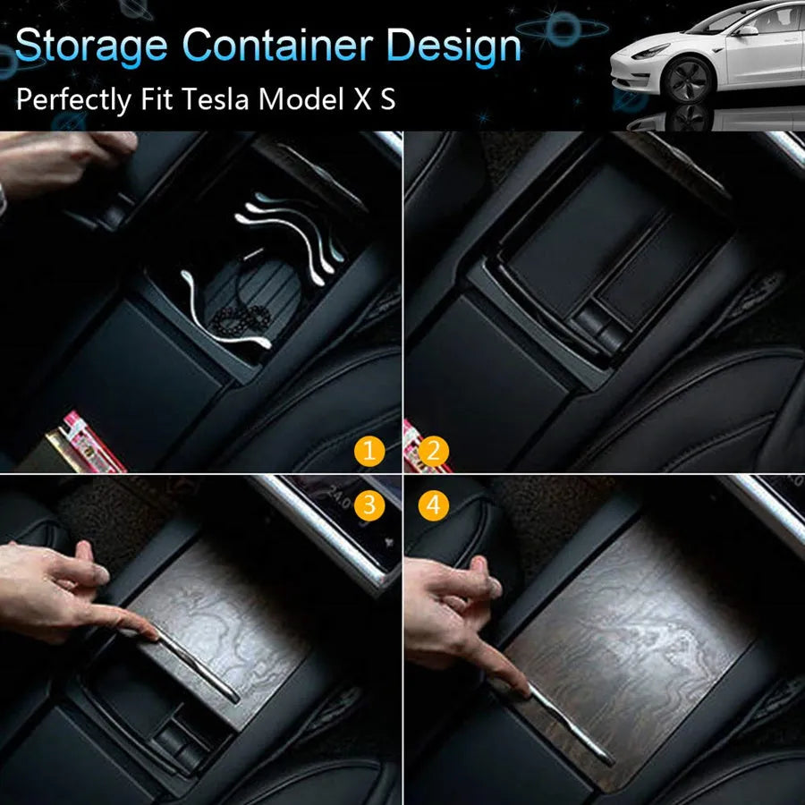 Black wireless charging storage box for QI standard phones on a desk