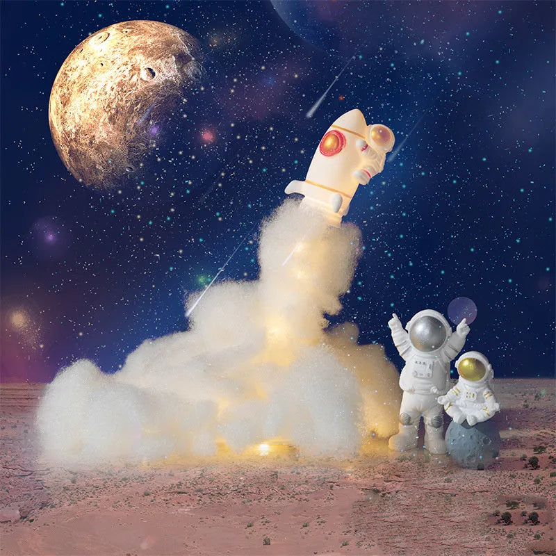 DIY astronaut rocket LED night light kit with warm white string lights and 19cm base, shown disassembled with materials.
