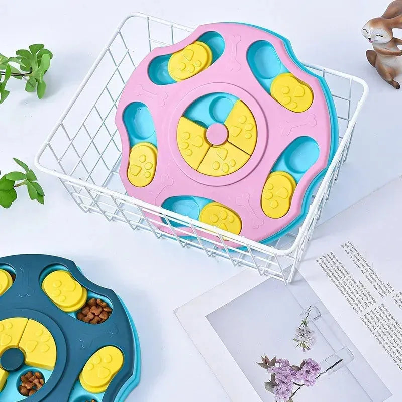 Blue plastic dog puzzle feeder bowl with interactive games for aggressive chewers
