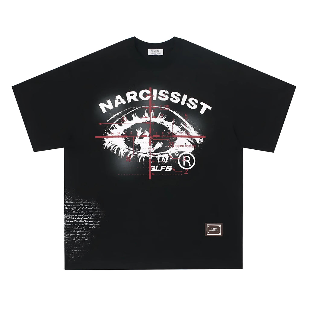 Black retro hip hop gothic letter print cotton T-shirt on a hanger