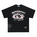 Black retro hip hop gothic letter print cotton T-shirt on a hanger