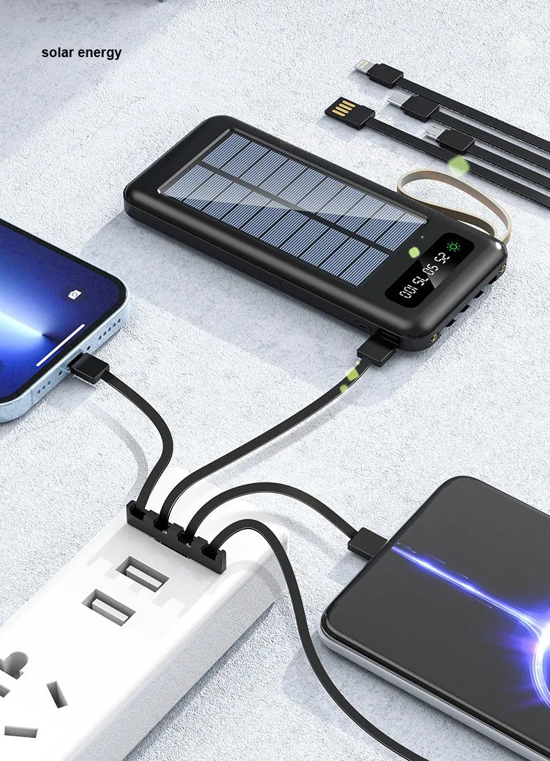 Solar power bank in black or white with solar panel, showing compact size of 144x68x16mm