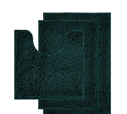 Dark green chenille three-piece U-shaped toilet mat set with non-slip TPR backing on bathroom floor.