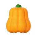 Orange plastic molar-shaped dog chew toy with a blue rope attached, on a green background.