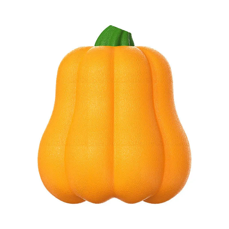 Orange plastic molar-shaped dog chew toy with a blue rope attached, on a green background.
