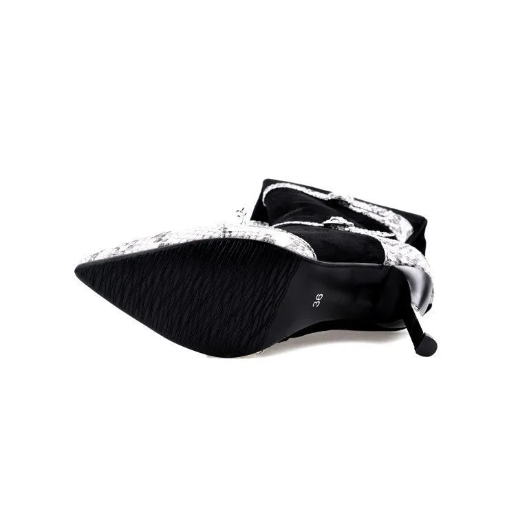 Grey and black women's knee-high boots with a high heel and velvet lining.