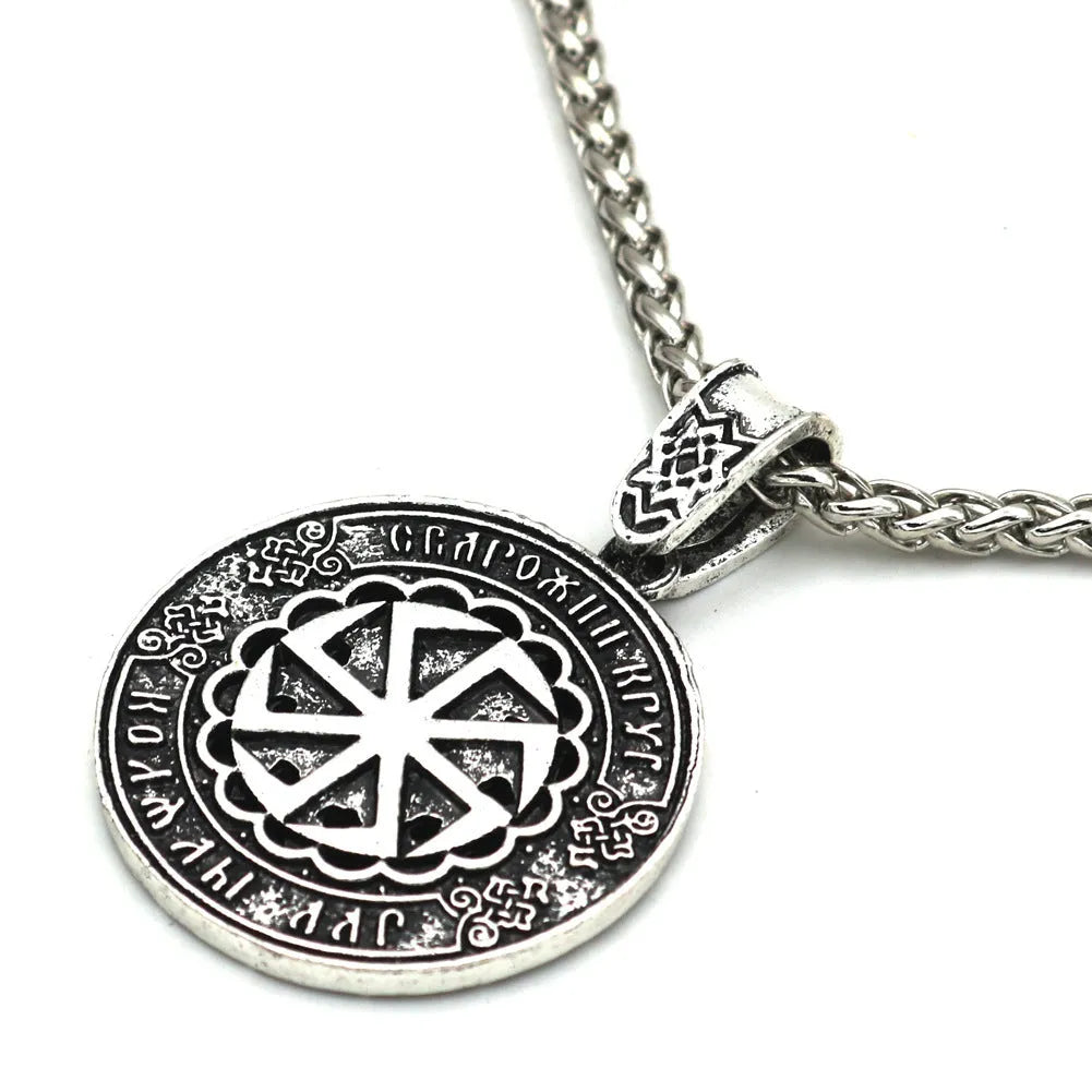 Lunavin ODing logo pendant necklace with antique silver chain on grey background