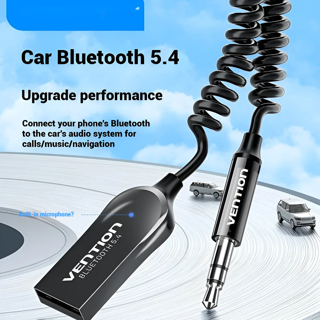 NAI USB car Bluetooth sound receiver with USB-A and 3.5mm connectors on PU-coated spring cable