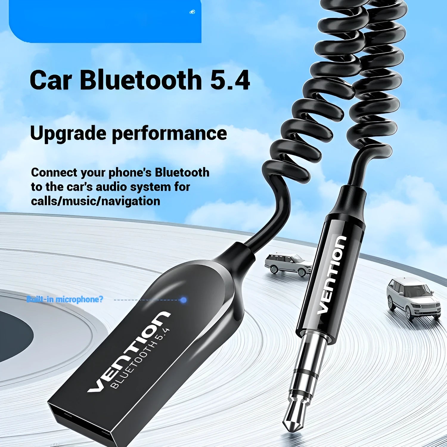 NAI USB car Bluetooth sound receiver with USB-A and 3.5mm connectors on PU-coated spring cable