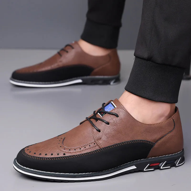 Men's black leather casual shoes with a low top, rubber sole, decorative stitching, and a leather toe cap.