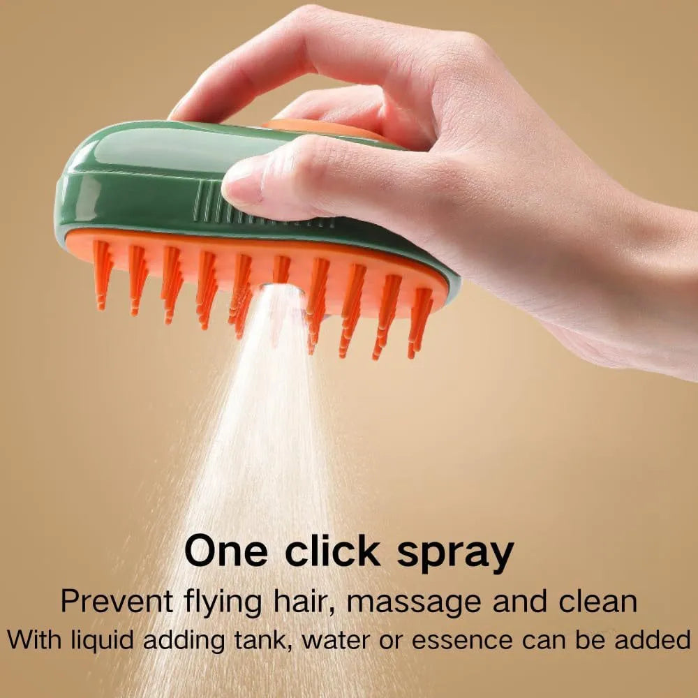 Green and white rechargeable 3-in-1 cat steam brush with silicone teeth and water spray.