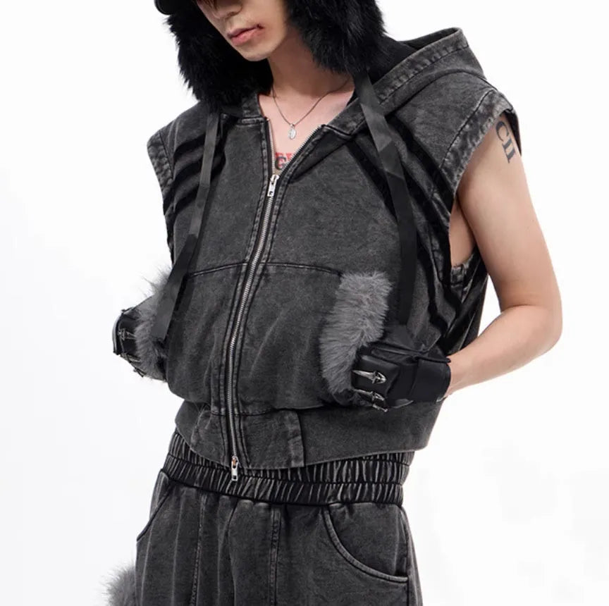 Stitching fur washed sleeveless hooded vest in black and gray - front zipper, short length, Korean style for teenagers