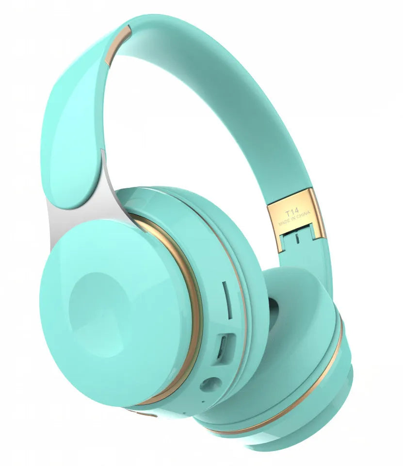 Foldable Bluetooth wireless headset in multiple colours shown open for wear and folded for storage.