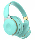 Foldable Bluetooth wireless headset in multiple colours shown open for wear and folded for storage.