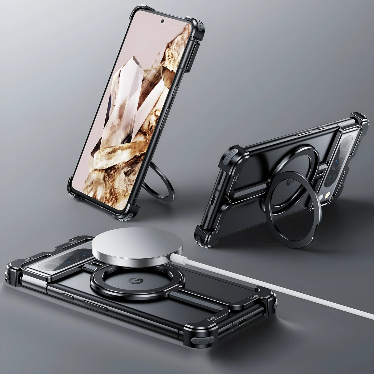 Black aluminium alloy phone case with metal magnetic bracket for Google Pixel9 Pro Fold, rotatable stand, hollow design