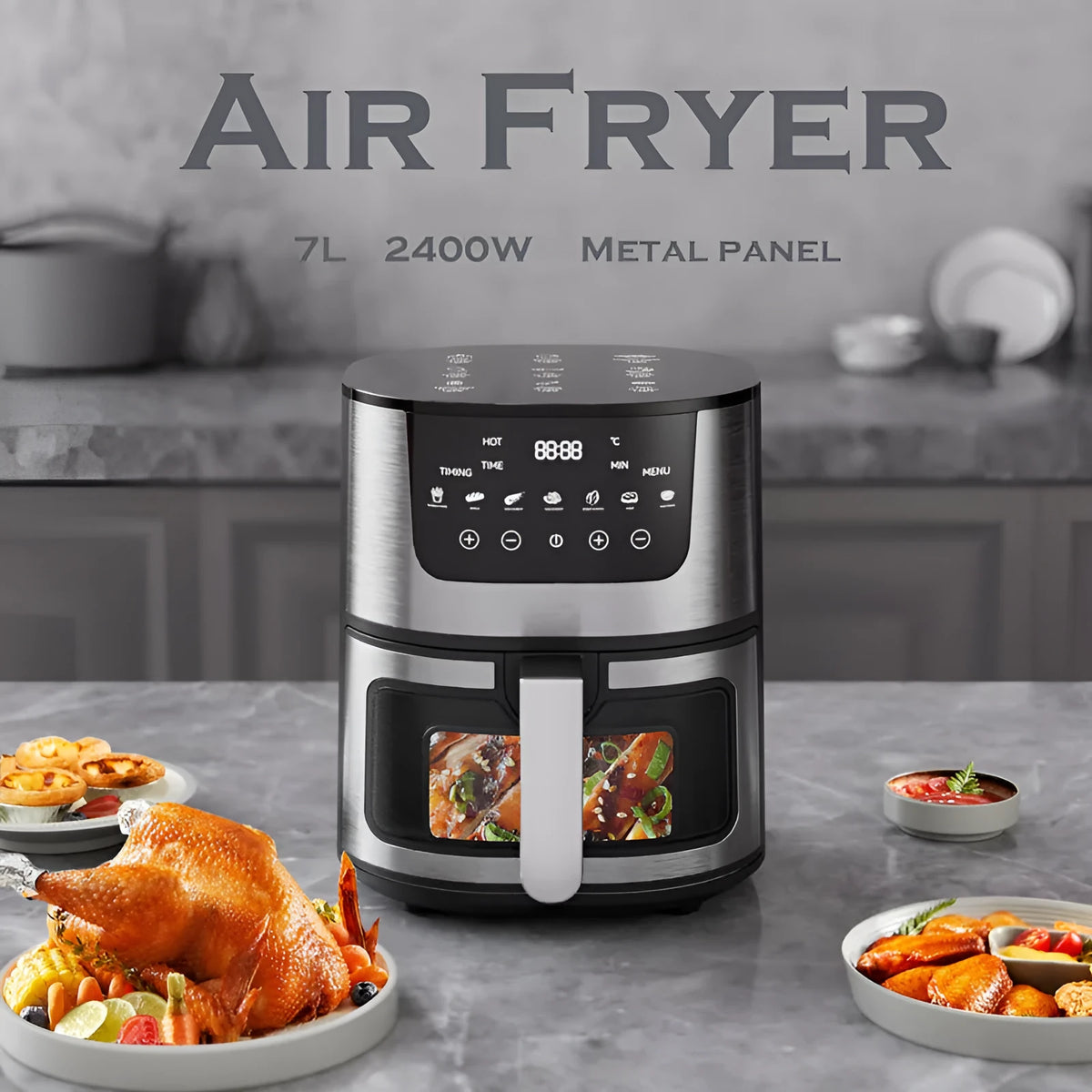 Stainless steel smart visual air fryer with 8L capacity and transparent window on a kitchen counter