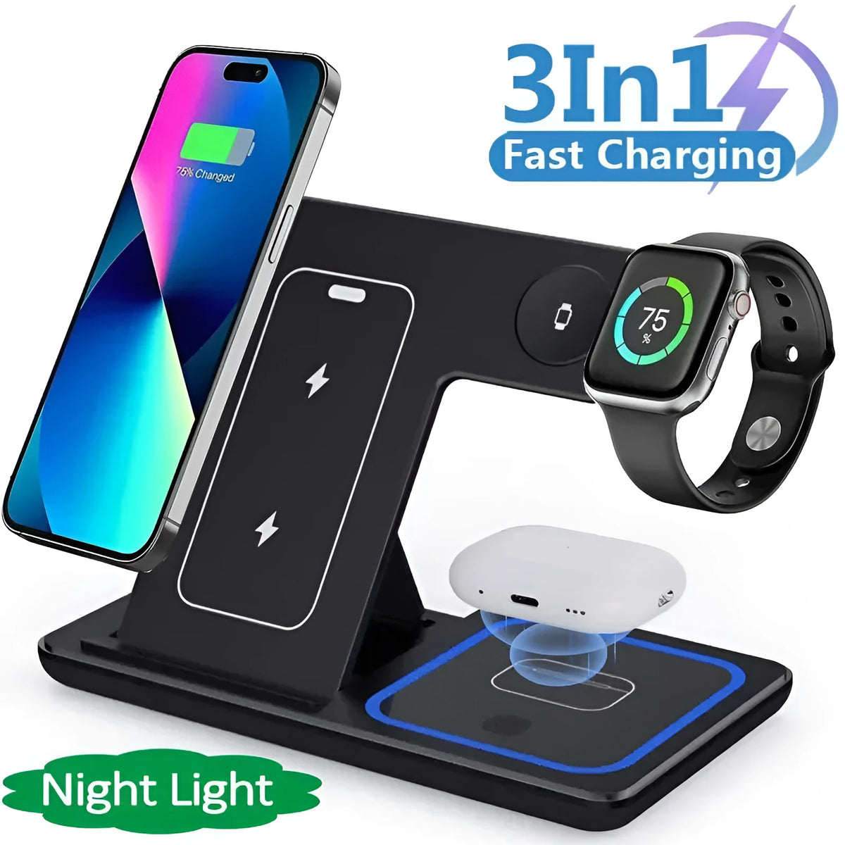 15W 3 in 1 foldable wireless charger stand in white or black with Type-C and dual coil, for phone, iWatch and AirPods Pro.