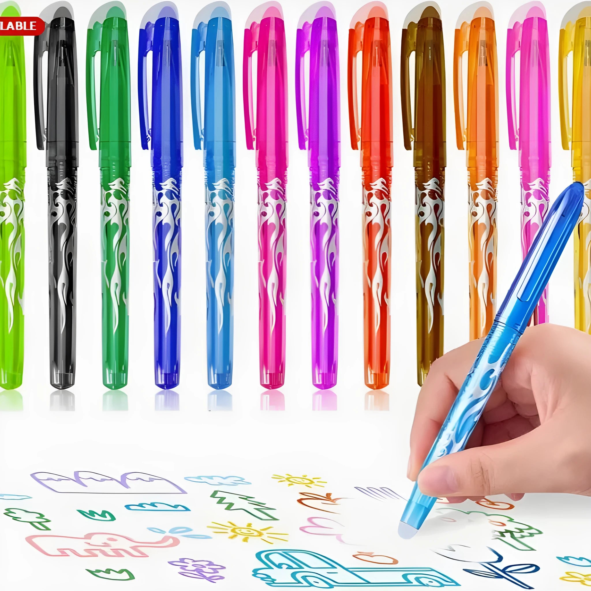 Heat-erasable gel pen set with multiple colours showing plastic bodies and stainless steel nibs