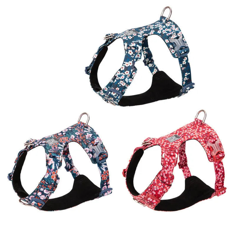 Floral pattern dog chest strap made from pure cotton with pull-resistant design