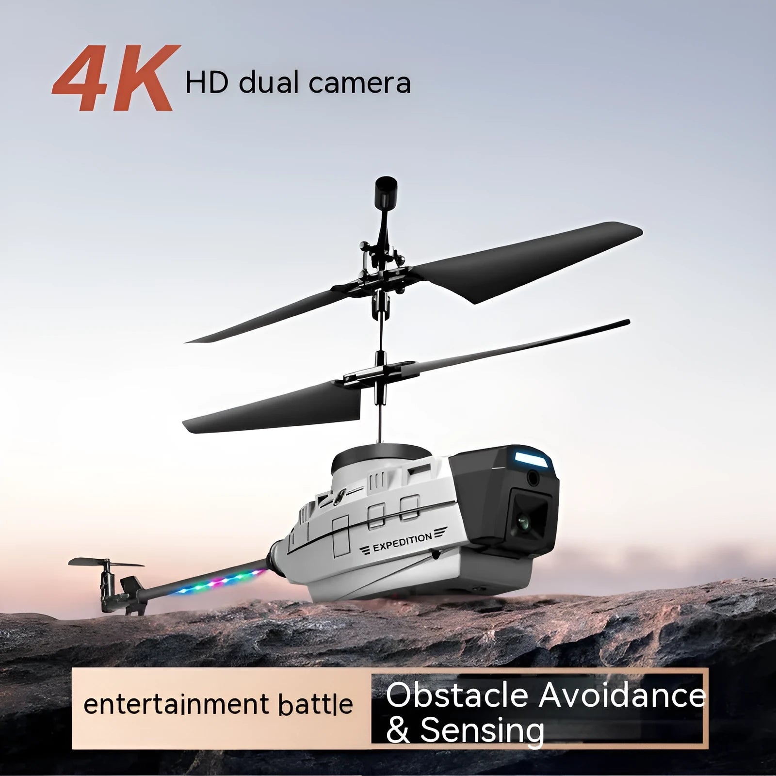 Grey Heifeng remote control UAV helicopter with obstacle avoidance sensors and coloured lights in flight.