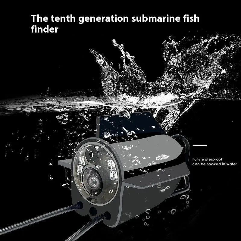 Underwater fish finder camera with 4.3-inch screen showing HD footage of fish, with temperature display and night vision lights.
