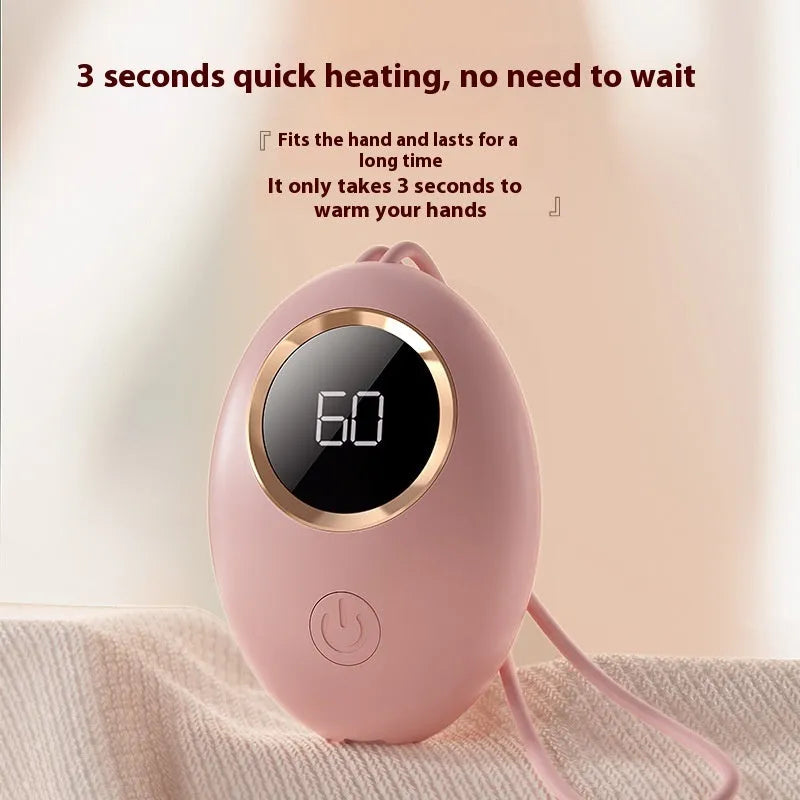 USB hand warmer with digital display in six colour options including pink, blue, green, and white