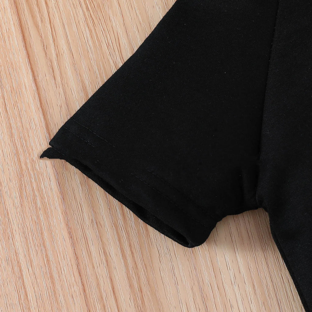 Children's cotton shirt and shorts set with letter print, black or khaki, sizes 70cm to 110cm