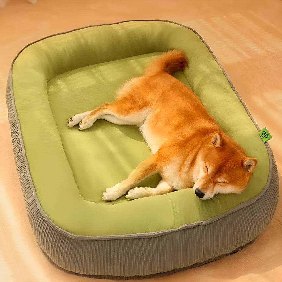 Warm plush dog bed in deep sleep nest design, available in grey green khaki and sizes M to XXL
