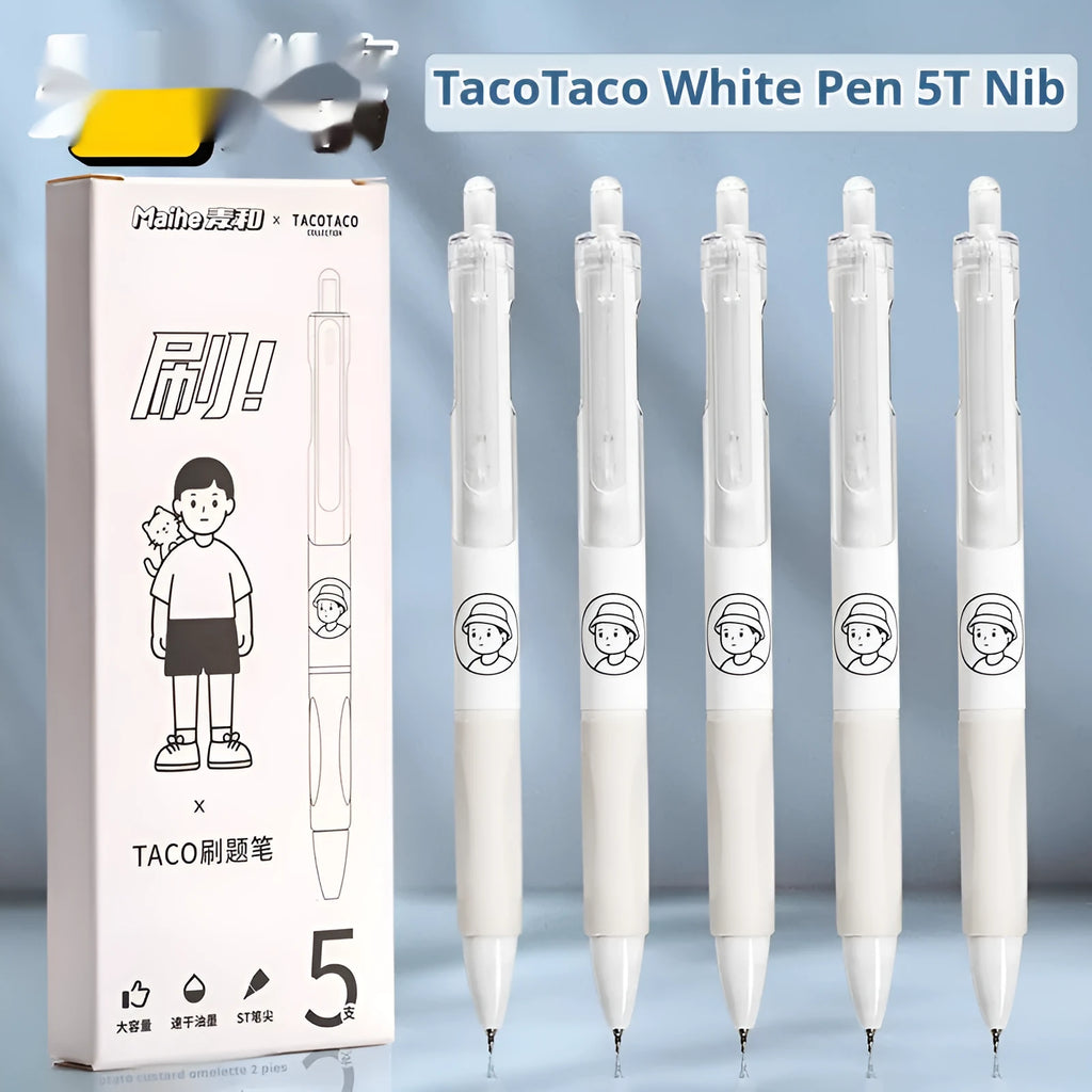 Set of five white ballpoint pens with black ink and 0.5mm tips on a table.
