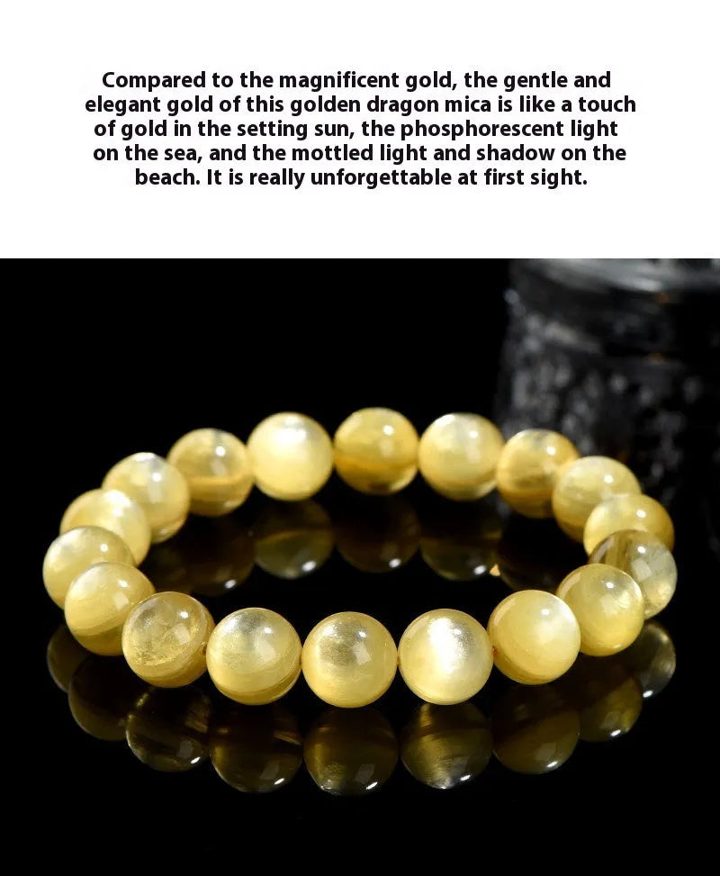 Yellow lepidolite mica bracelet with golden dragon design on round beads