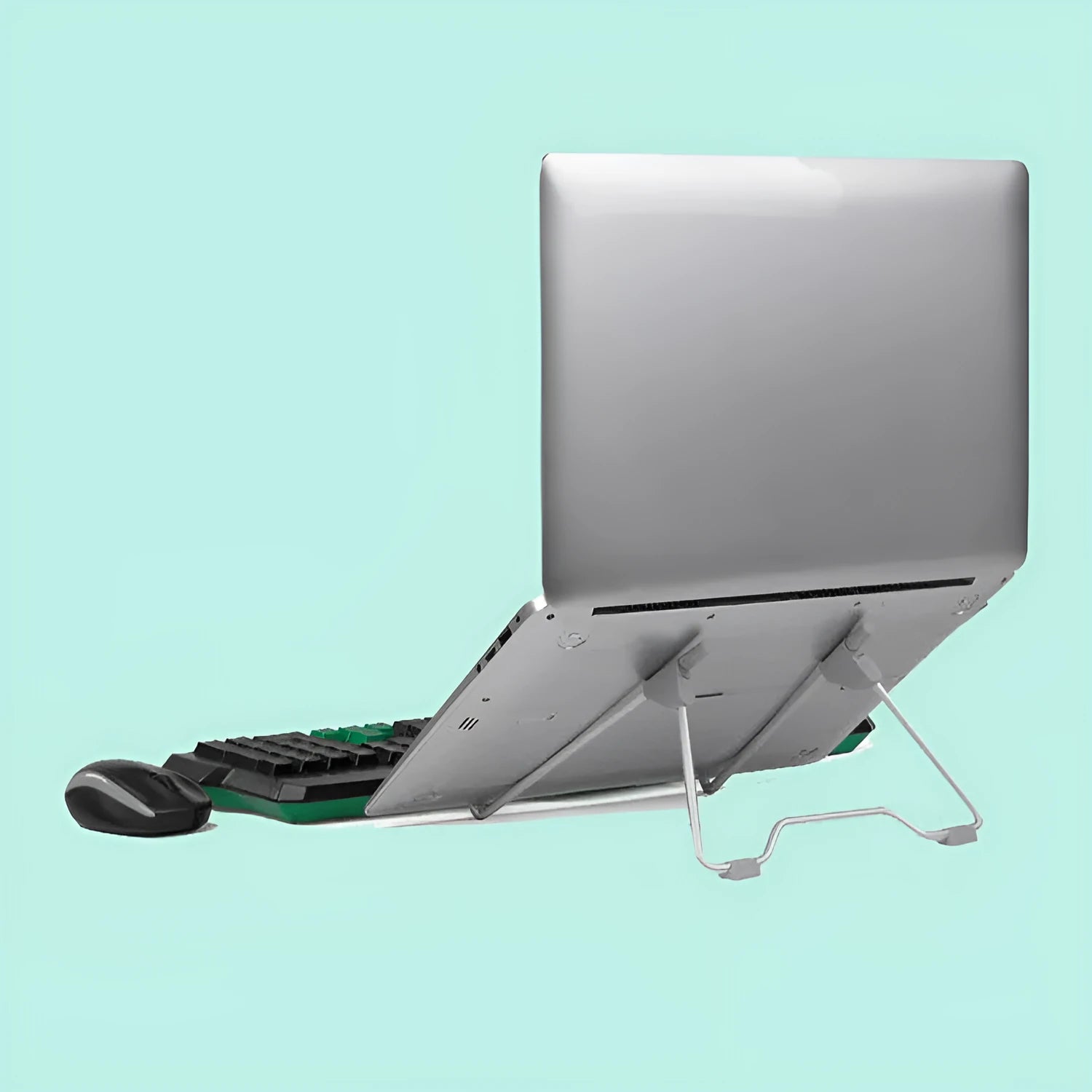 A grey mobile phone and laptop stand made from aluminium alloy and engineering plastic.