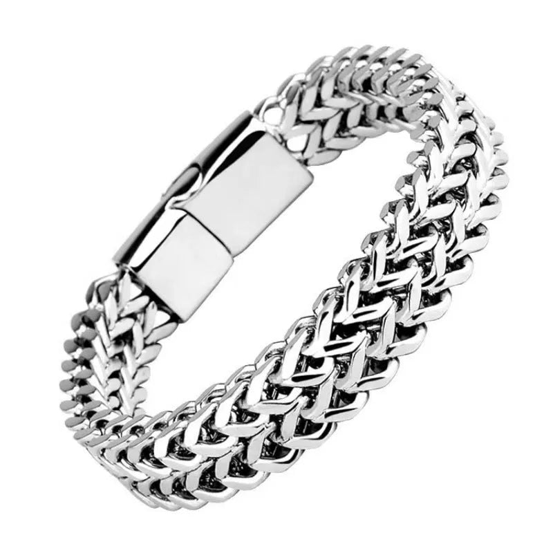Silver titanium steel hip hop bracelet with stainless steel front and back in geometric design